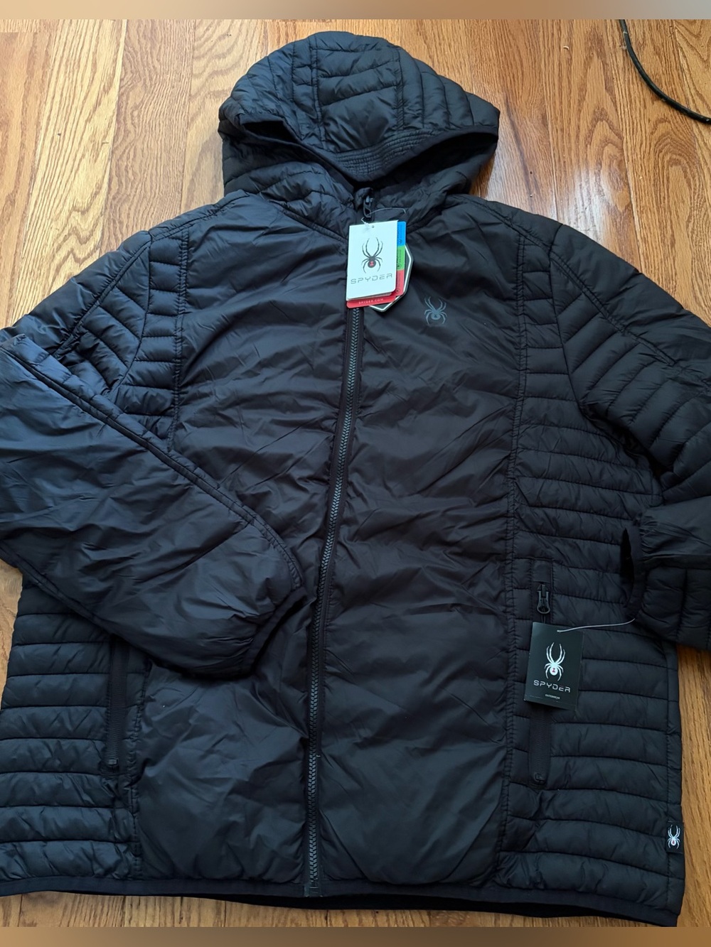 Spyder Men’s Packable Puffer Jacket Black Quilted Hooded Size L Travel Ski Core